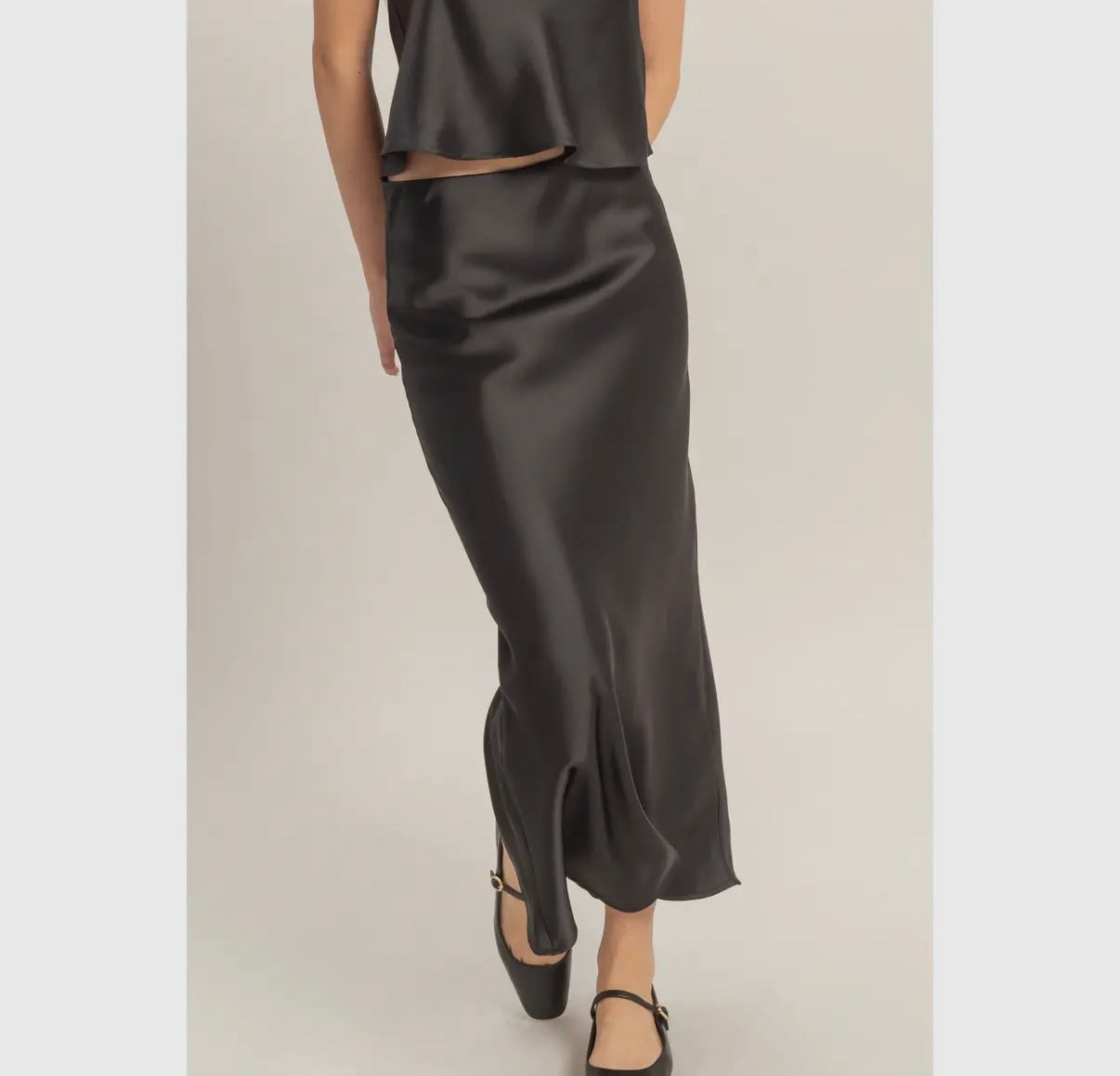Black satin midi skirt