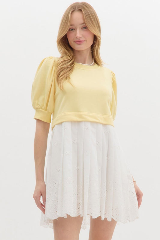 Yellow and white eyelet dress