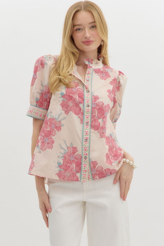 Pink and blue floral top