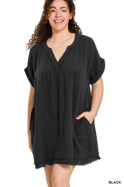 Plus black frayed hem dress