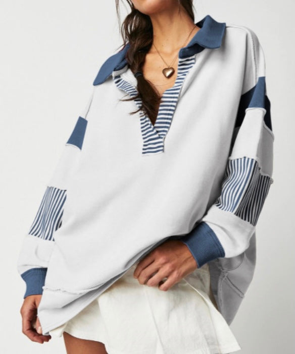 White and blue sweatshirt