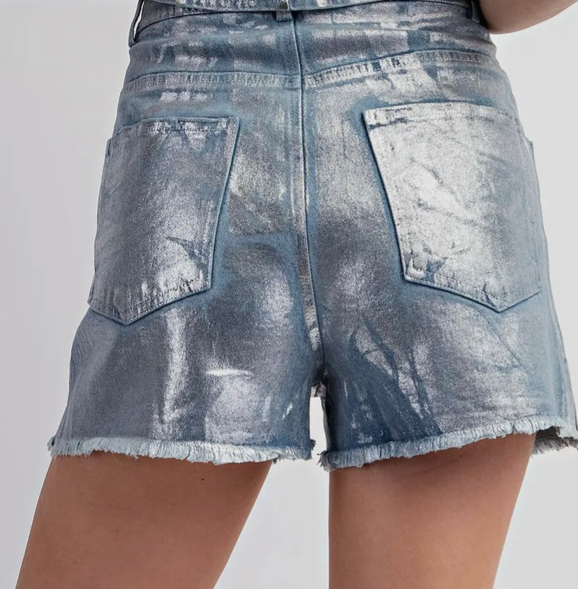 Foiled denim shorts