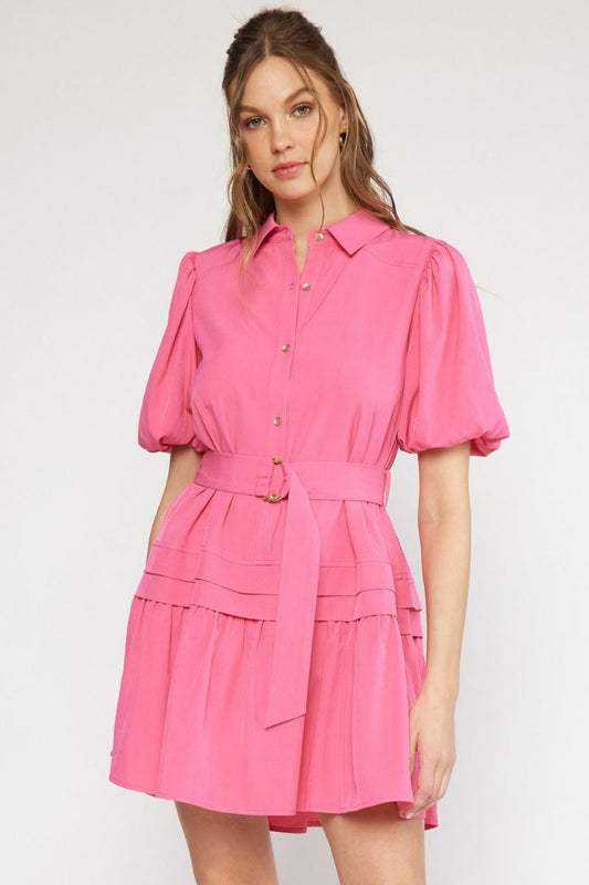 Pink half button belted dress