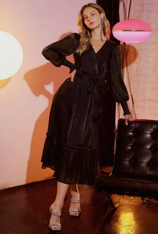 Shiny black midi dress