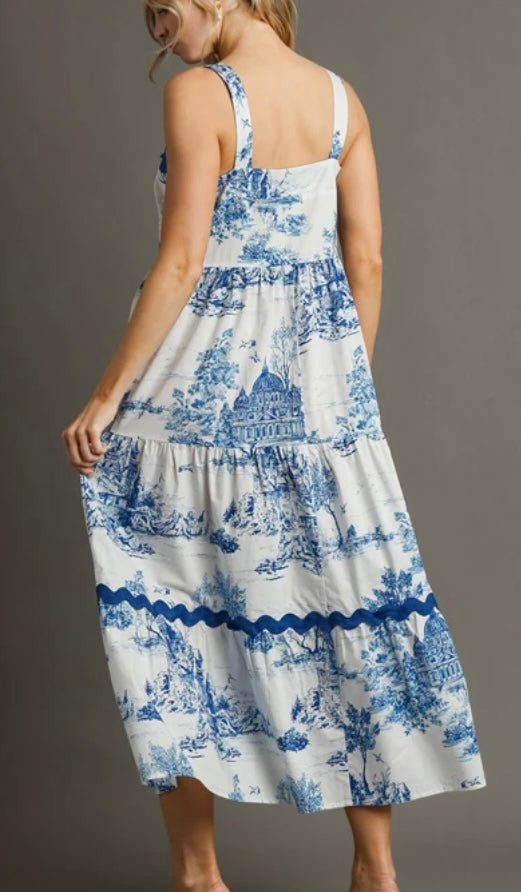 Blue and white midi sun dress