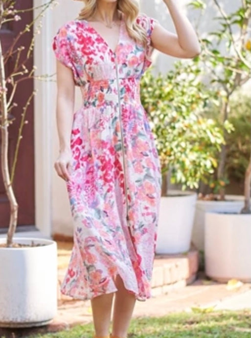 Floral zipper detail midi dress