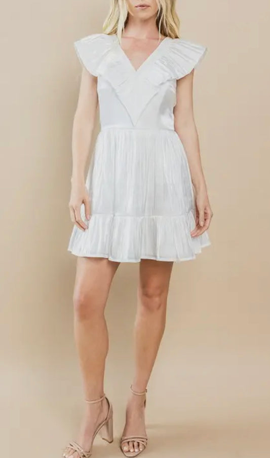 White shiny ruffle sleeve dress