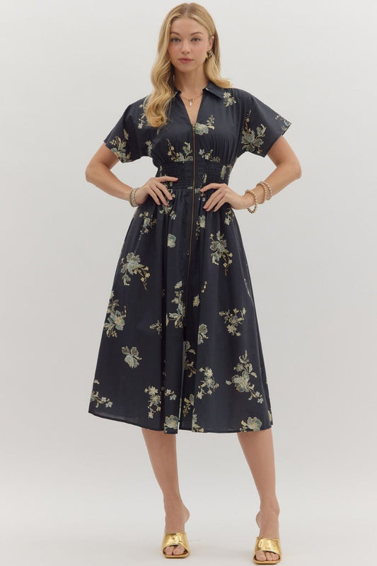 Zip up black floral midi