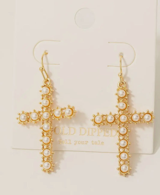 Gold and pearl cross earrings