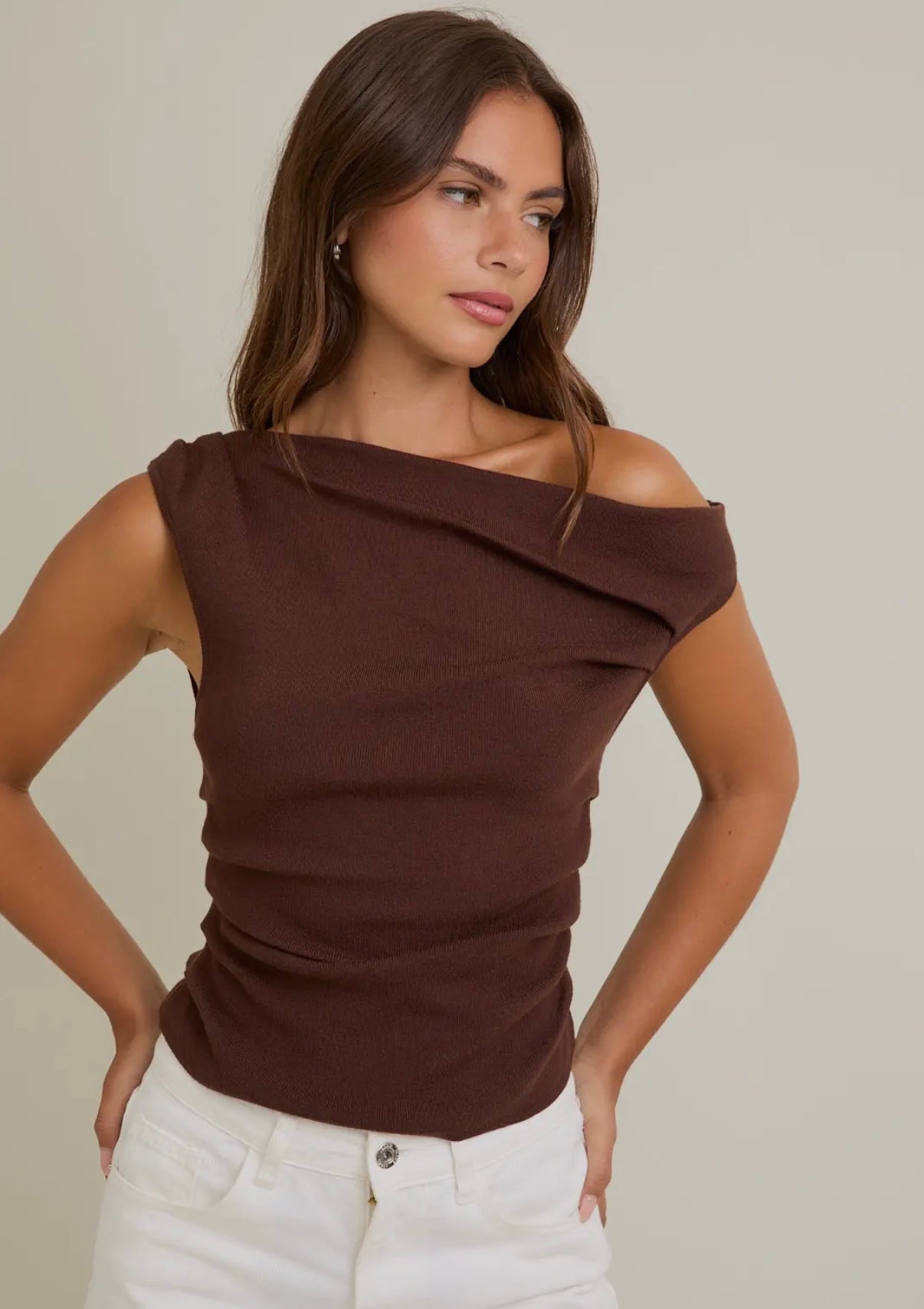 Asymmetrical neck brown top