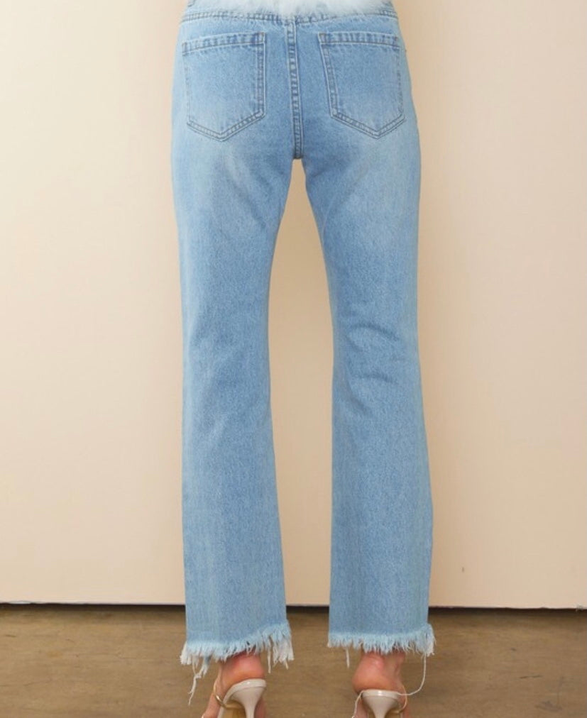 Distressed straight leg jeans