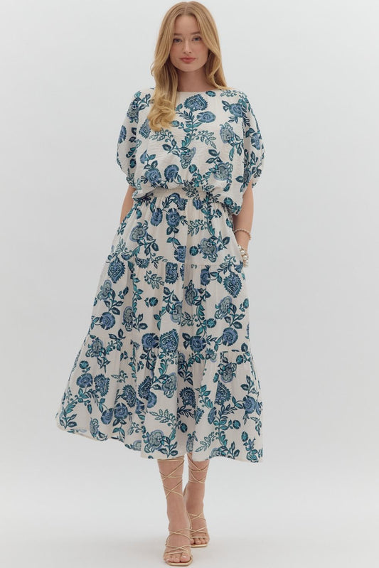 Teal floral midi skirt