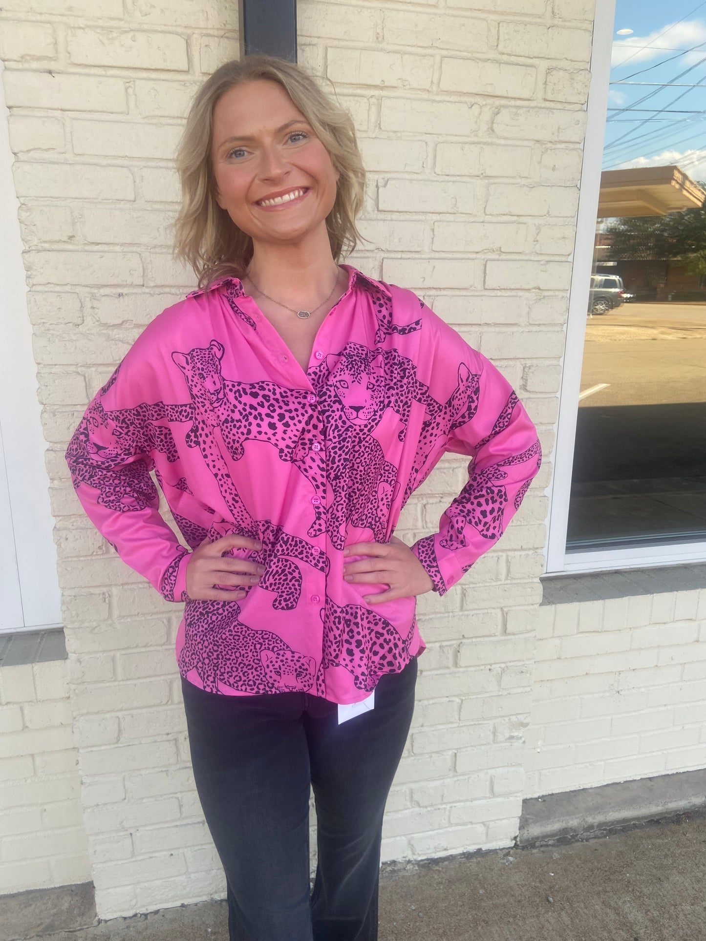 Pink leopard button up top