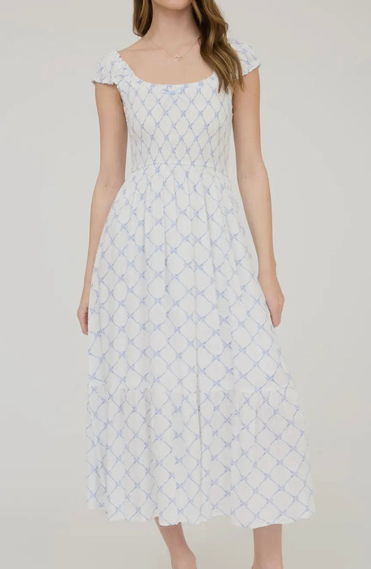 White and blue bow patterned midi dress