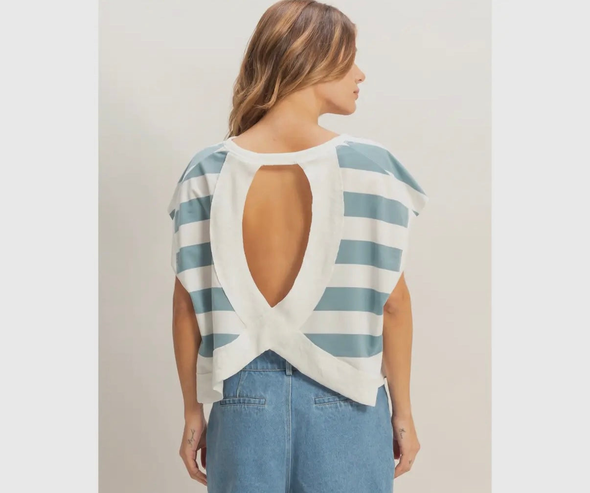 Blue and white striped open back tee