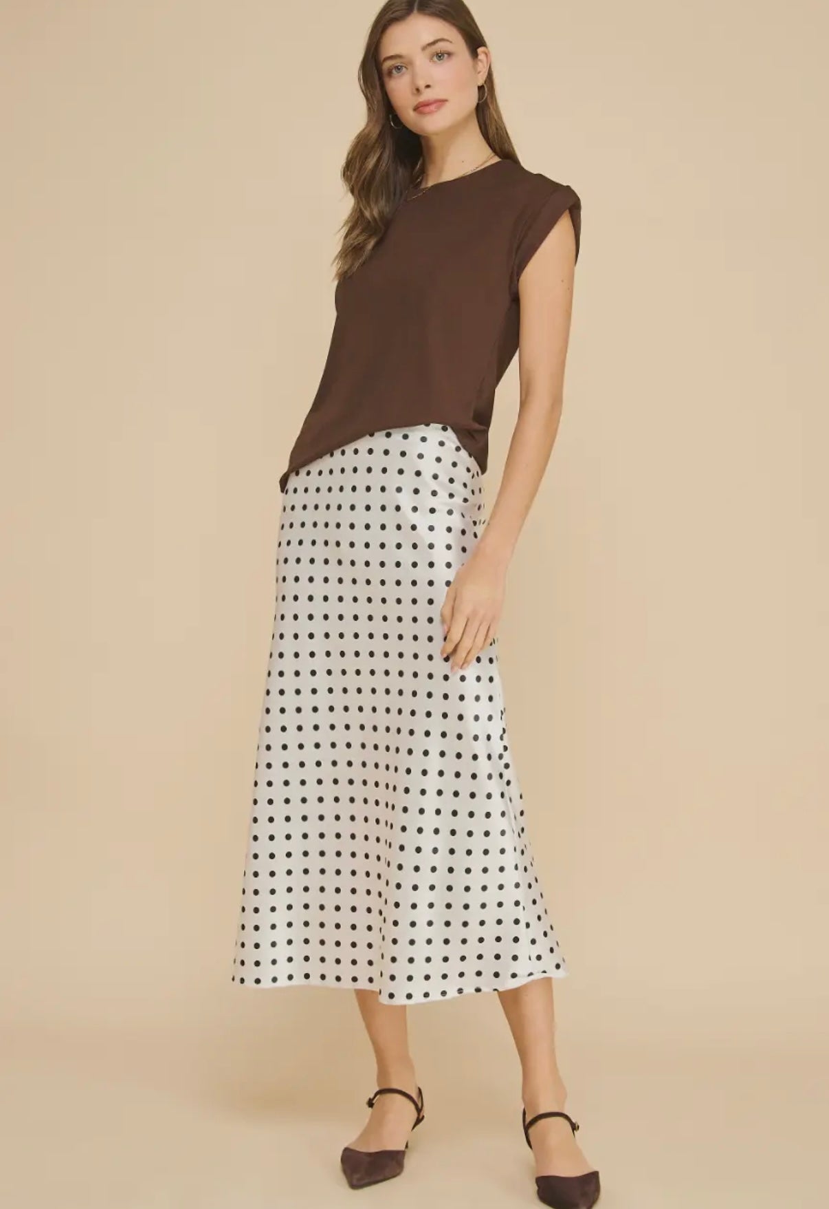 Black and white satin polka dot skirt