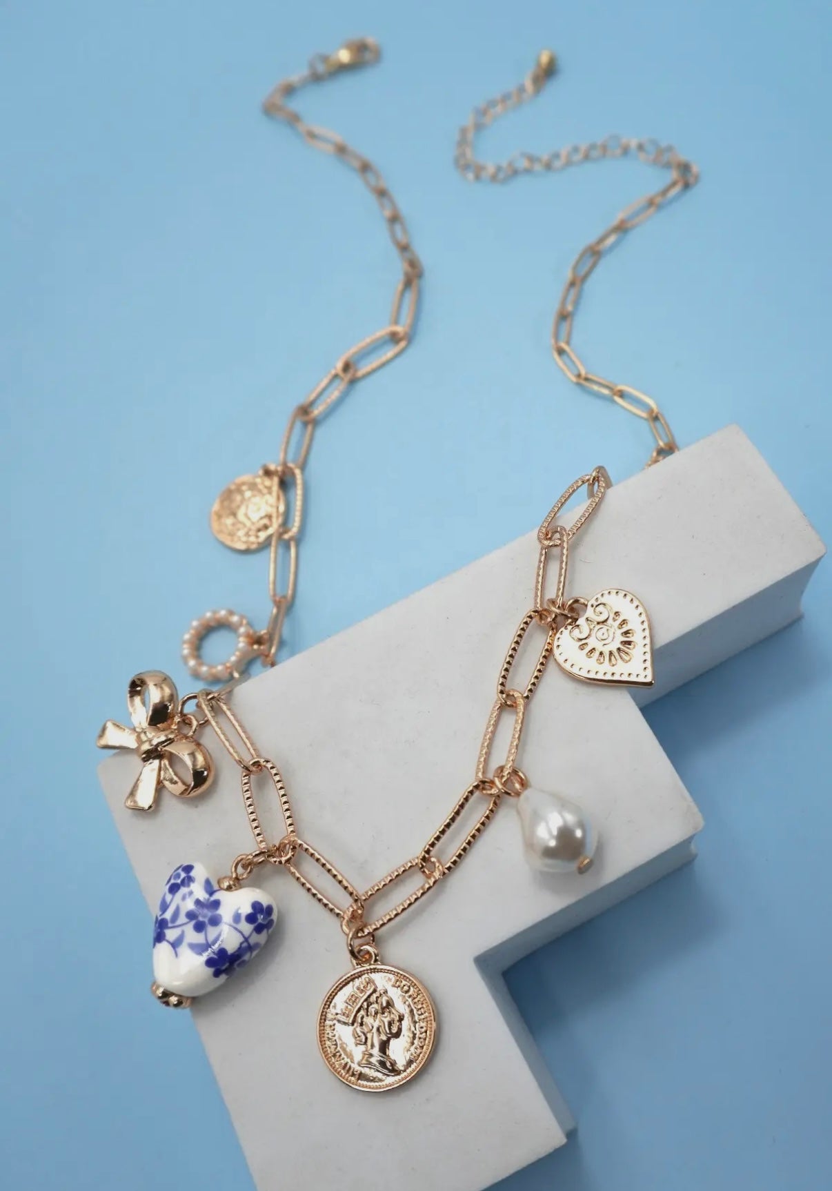Blue and white heart charm necklace