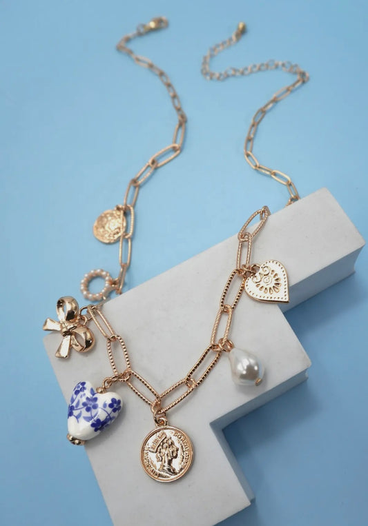Blue and white heart charm necklace