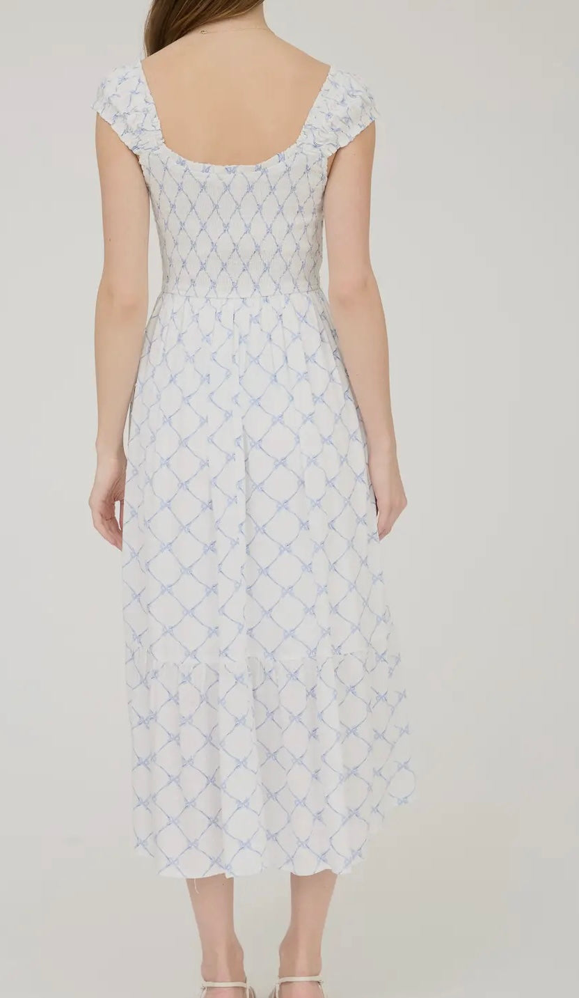 White and blue bow patterned midi dress
