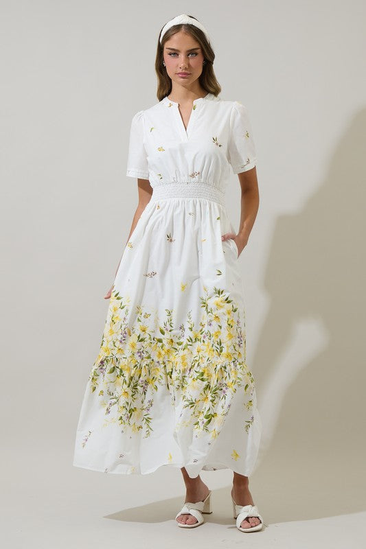 Yellow and purple floral midi dress
