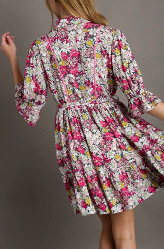 Pink floral tie waist dress