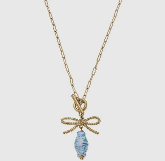 Blue and white bow toggle clasp necklace