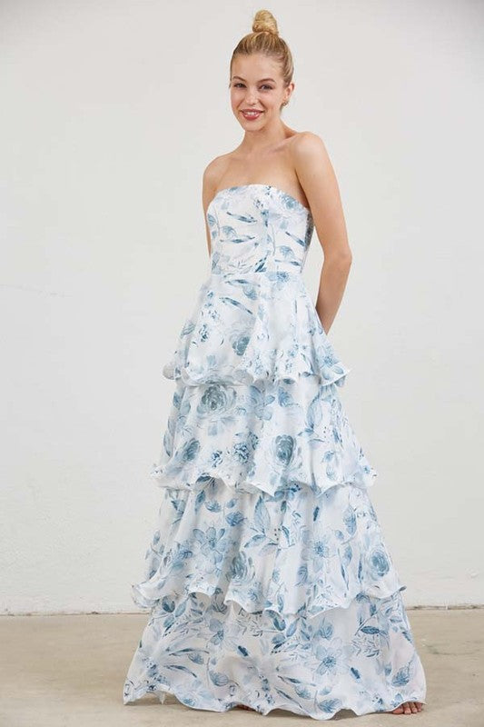 Blue and white strapless floral maxi