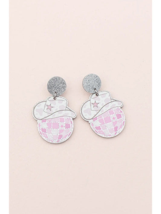 Pink and silver disco cowgirl earrings