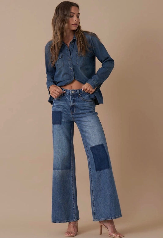 Wide leg patchwork jeans