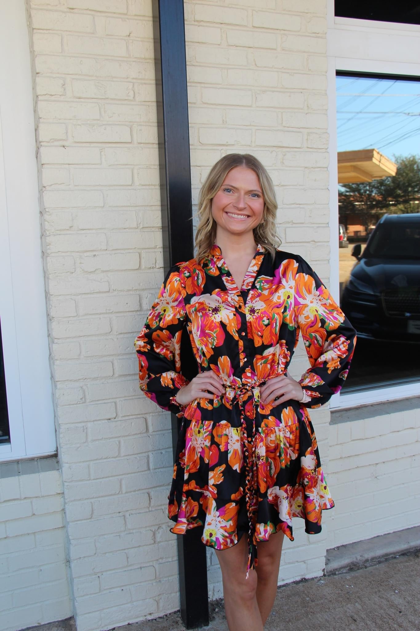 Black orange and pink floral dress