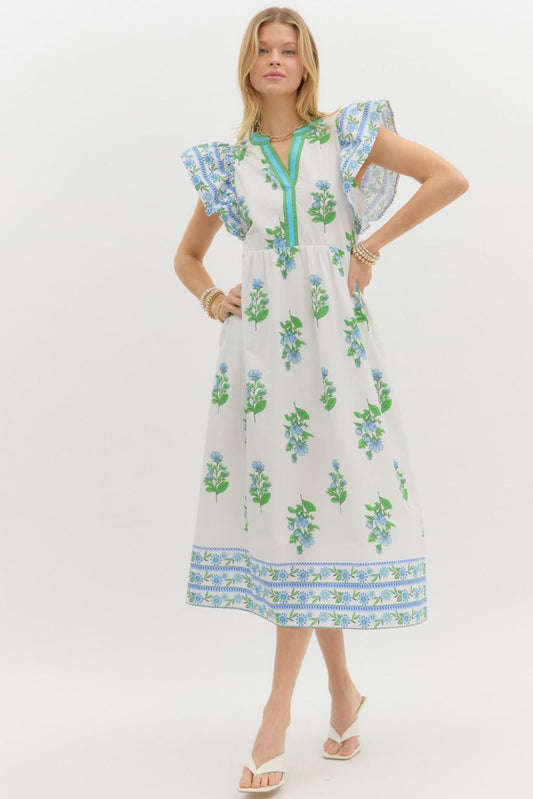 Blue and green floral midi dress