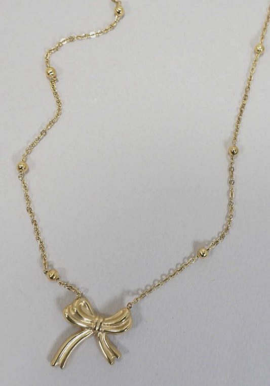 Gold bow beaded chain necklace