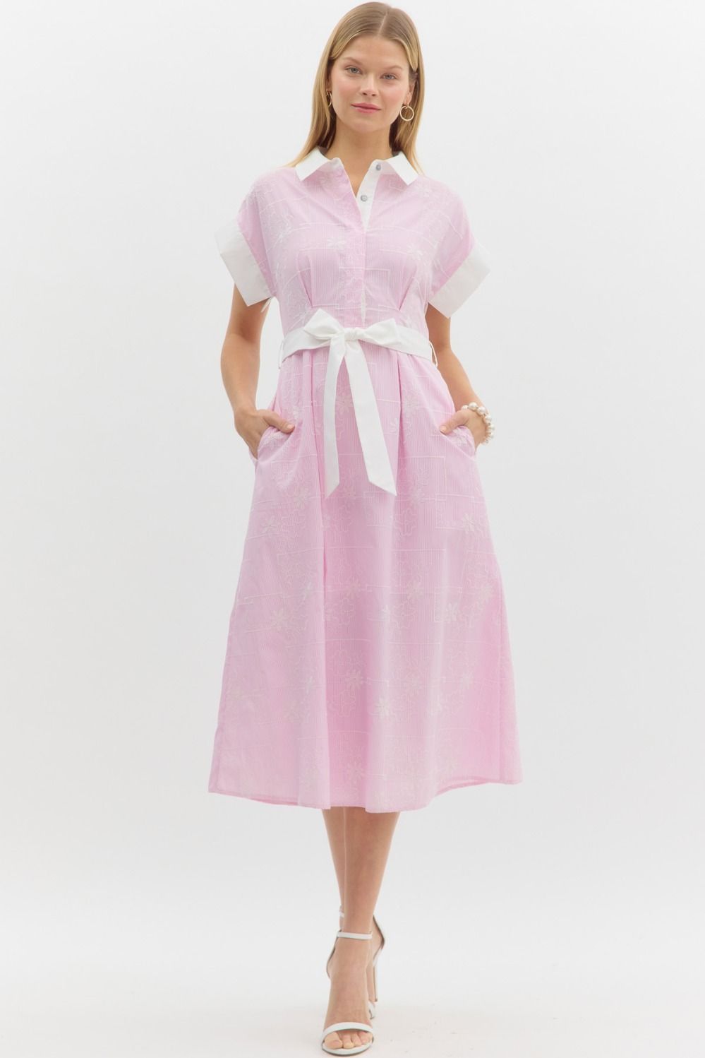 Pink and white embroidered midi dress