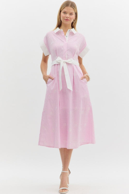 Pink and white embroidered midi dress