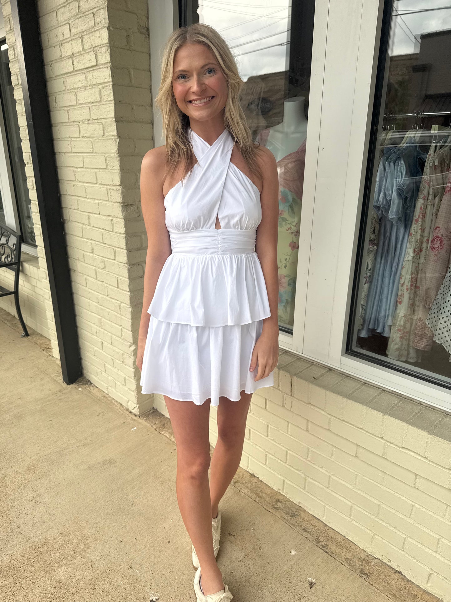 White halter neck dress
