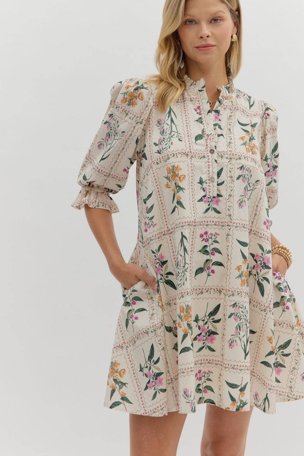Half button floral mini dress