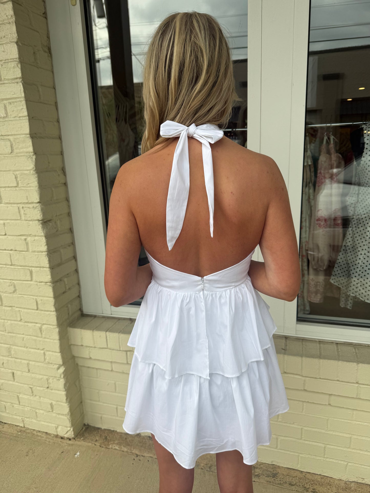 White halter neck dress