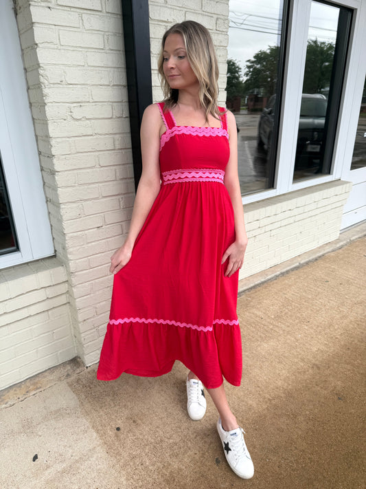 Red and pink ric rac midi