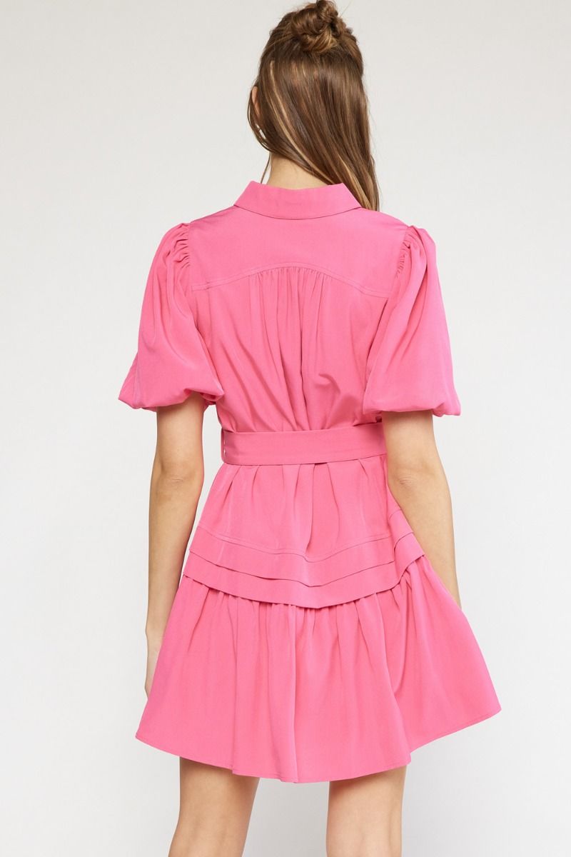 Pink half button belted dress