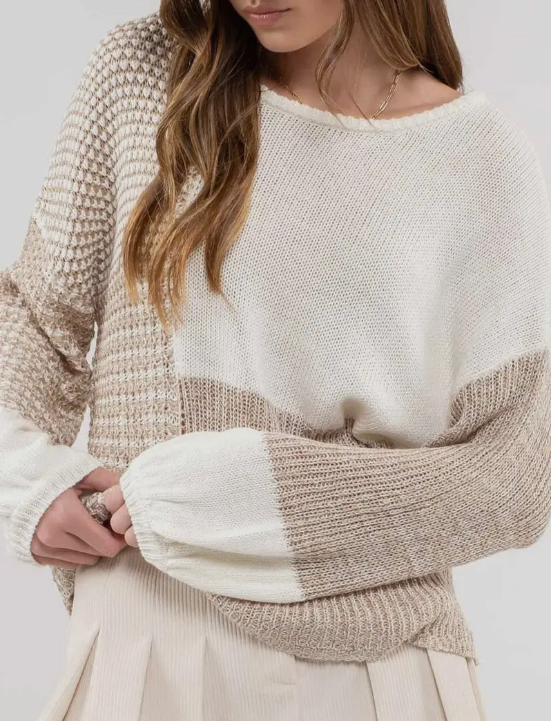 Taupe and cream color block sweater