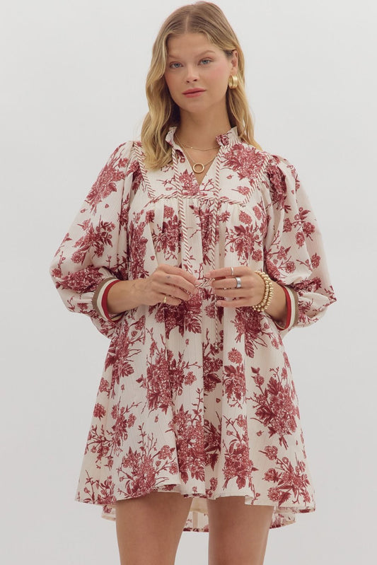 Red and cream floral dress