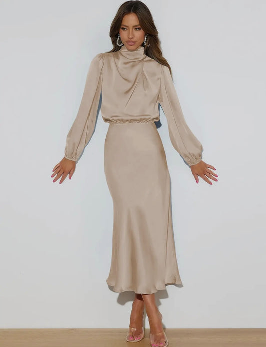 Apricot satin midi dress