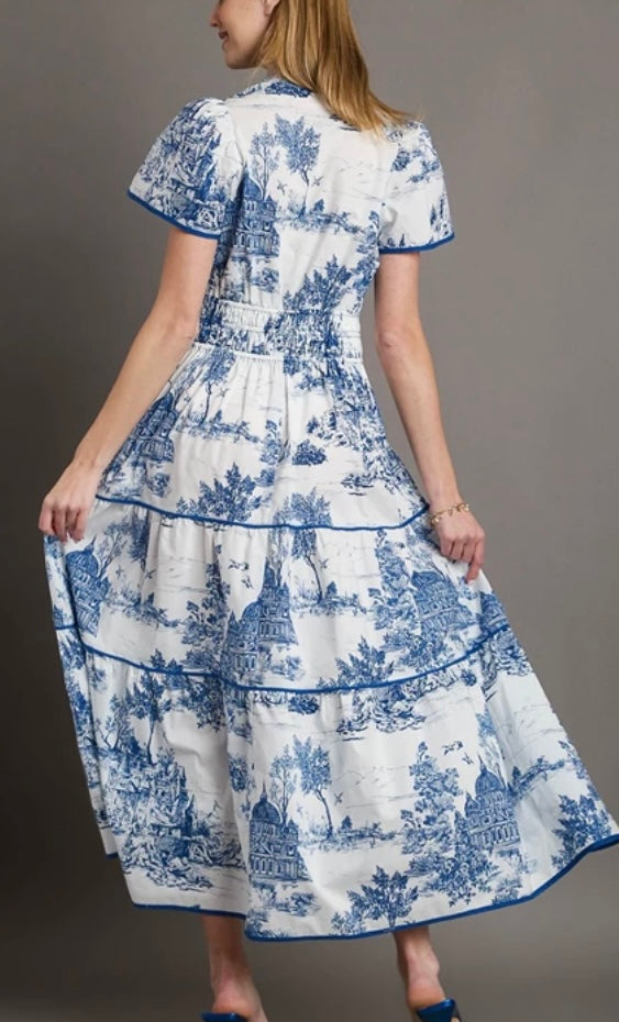 Blue and white tiered midi