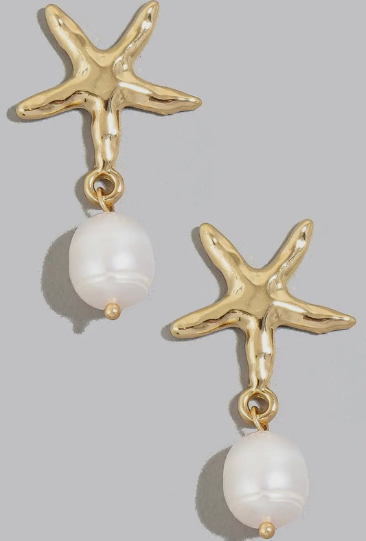 Gold starfish and pearl earrings