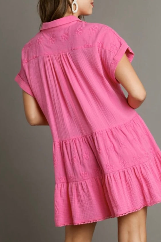 Pink tiered embroidered dress