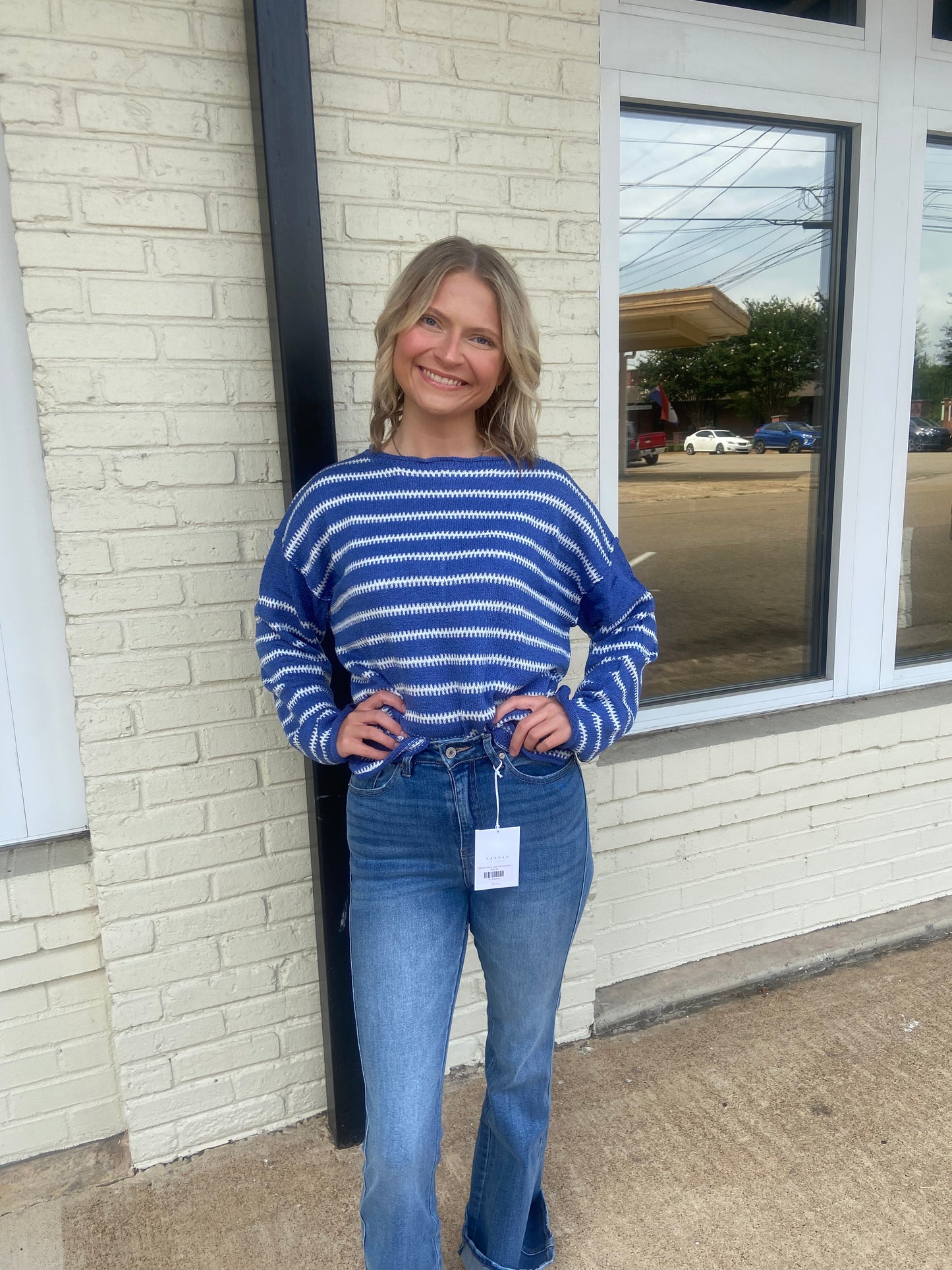 Blue and white striped sweater