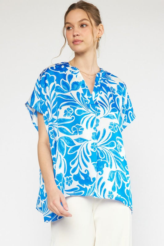 Blue and white floral silky top