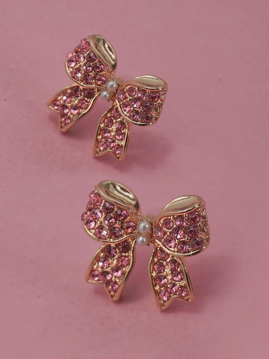 Pink rhinestone bow earrings