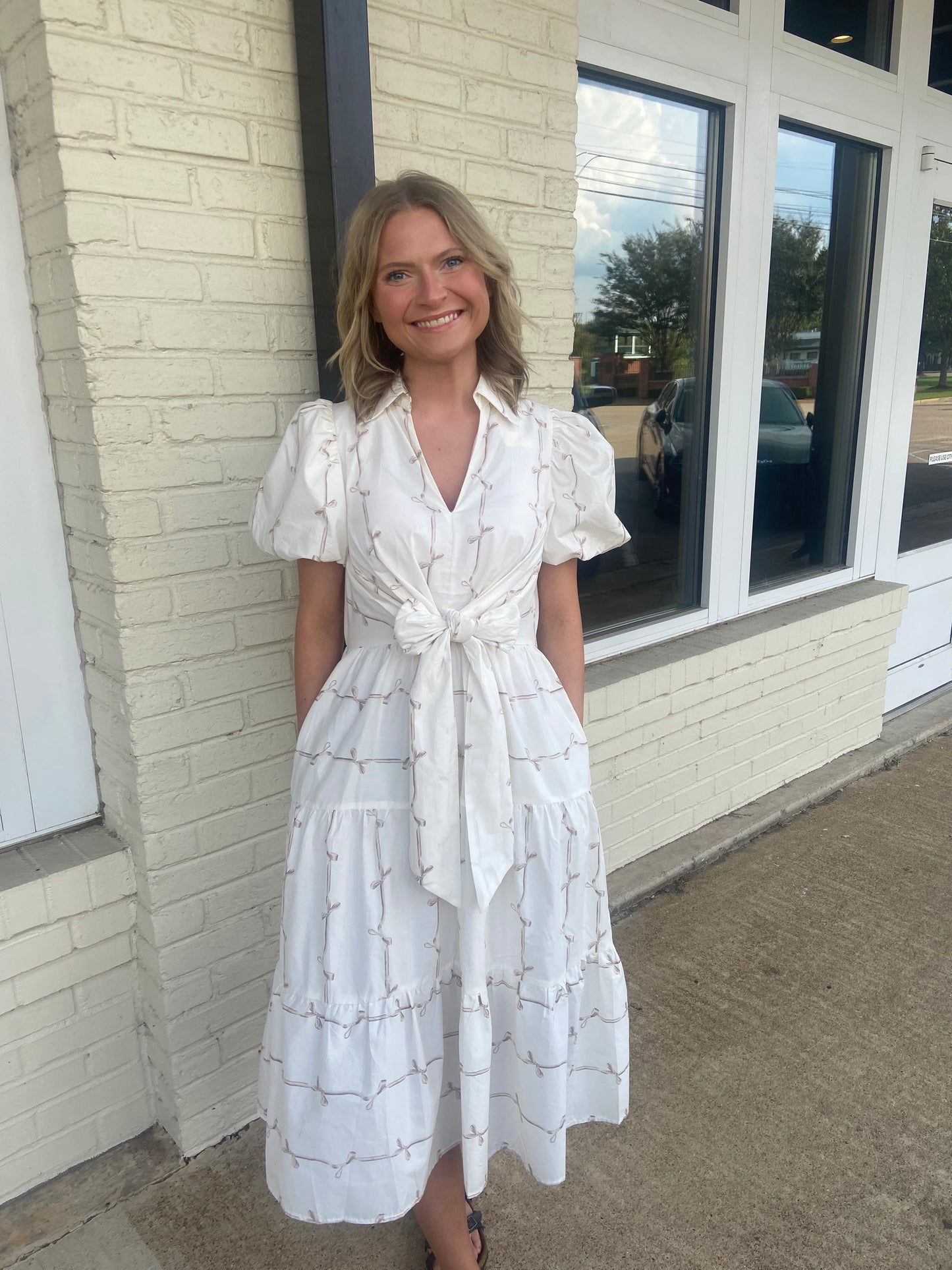 Cream bow print midi