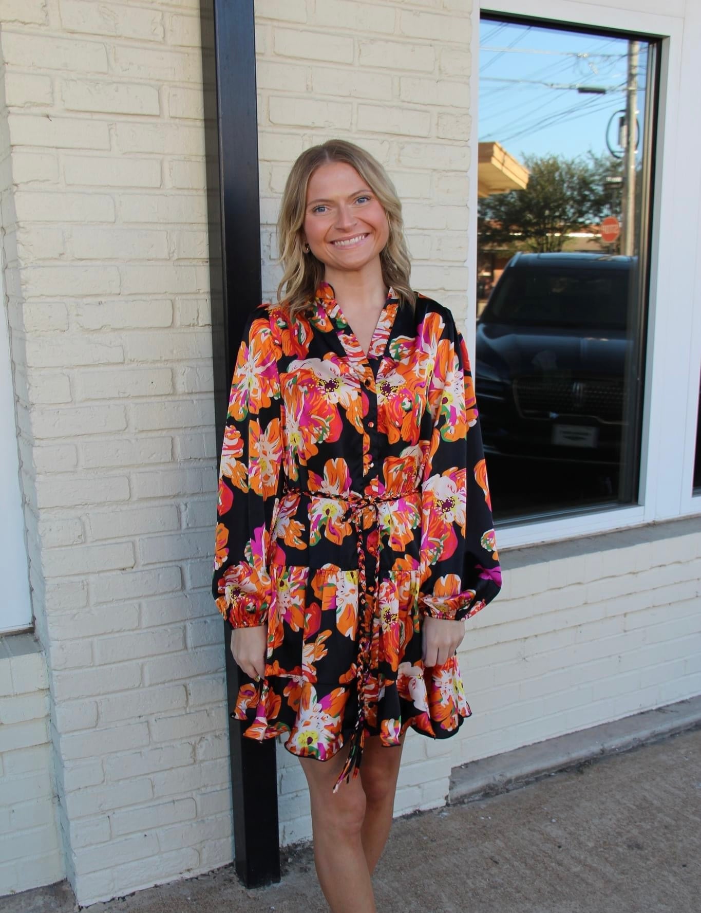 Black orange and pink floral dress